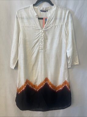 White Tunic Dress with Orange Accent and Black Hem